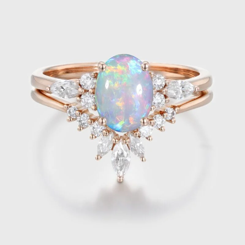 Oval shaped Opal engagement ring set Vintage Rose gold Marquise Moissanite Diamond ring Unique curve ring matching Wedding Anniversary gift