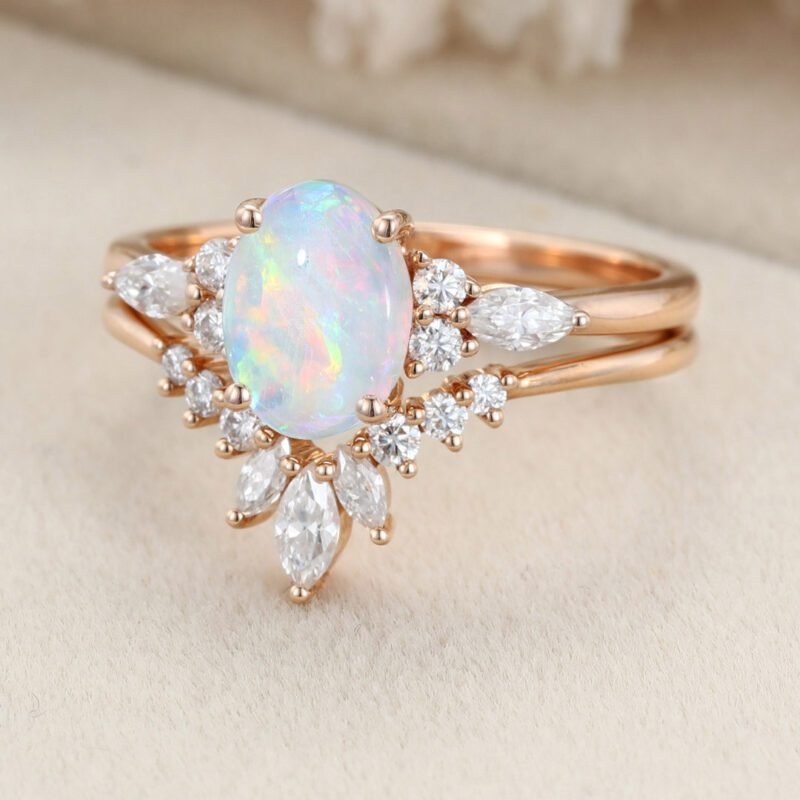Oval Cut Natural White Opal And Lab Diamond Ring Set Engagement Bridal ...