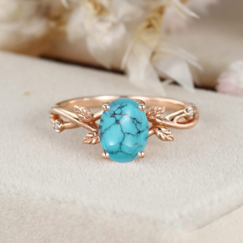 Oval shaped Rose gold Turquoise engagement ring Solid 14k rose gold branches leaf Leaves twig ring Unique diamond wedding ring women
