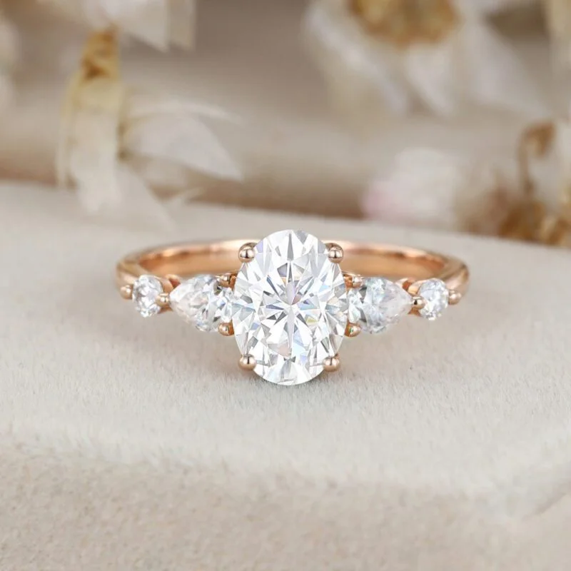 Oval shaped Rose gold moissanite engagement ring unique vintage engagement ring Cluster engagement ring wedding Bridal Promise Anniversary