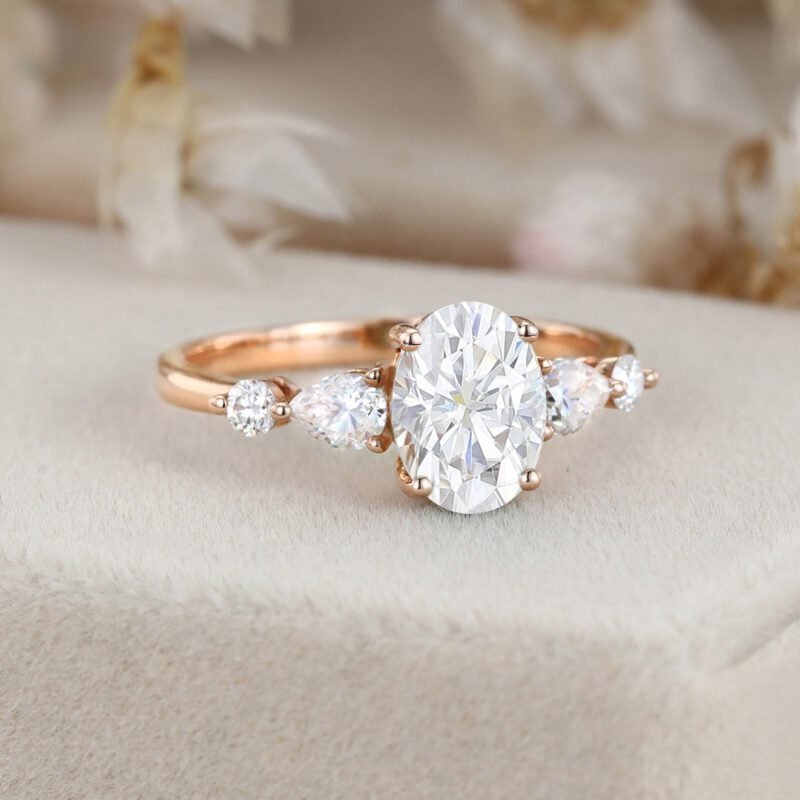 Oval shaped Rose gold moissanite engagement ring unique vintage engagement ring Cluster engagement ring wedding Bridal Promise Anniversary
