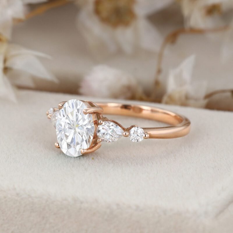 Oval shaped Rose gold moissanite engagement ring unique vintage engagement ring Cluster engagement ring wedding Bridal Promise Anniversary