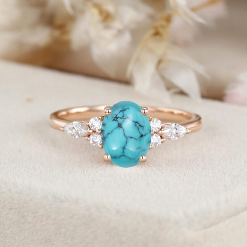 Oval shaped Turquoise engagement ring Vintage Rose gold engagement ring women Marquise cut Diamond wedding Bridal Anniversary ring