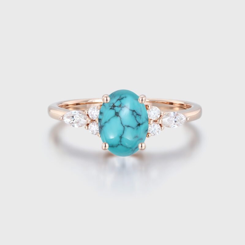 Oval shaped Turquoise engagement ring Vintage Rose gold engagement ring women Marquise cut Diamond wedding Bridal Anniversary ring