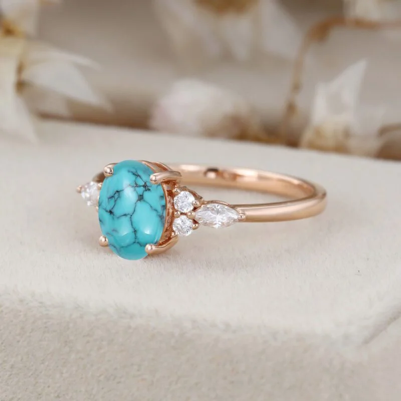 Oval shaped Turquoise engagement ring Vintage Rose gold engagement ring women Marquise cut Diamond wedding Bridal Anniversary ring