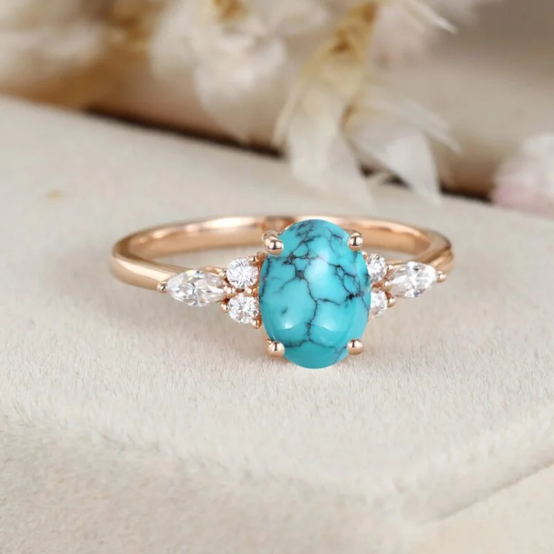 Oval shaped Turquoise engagement ring Vintage Rose gold engagement ring women Marquise cut Diamond wedding Bridal Anniversary ring