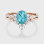 Oval Shaped Turquoise And Moissanite Ring Set 14k Rose Gold Wedding Bridal Promise Anniversary Gift