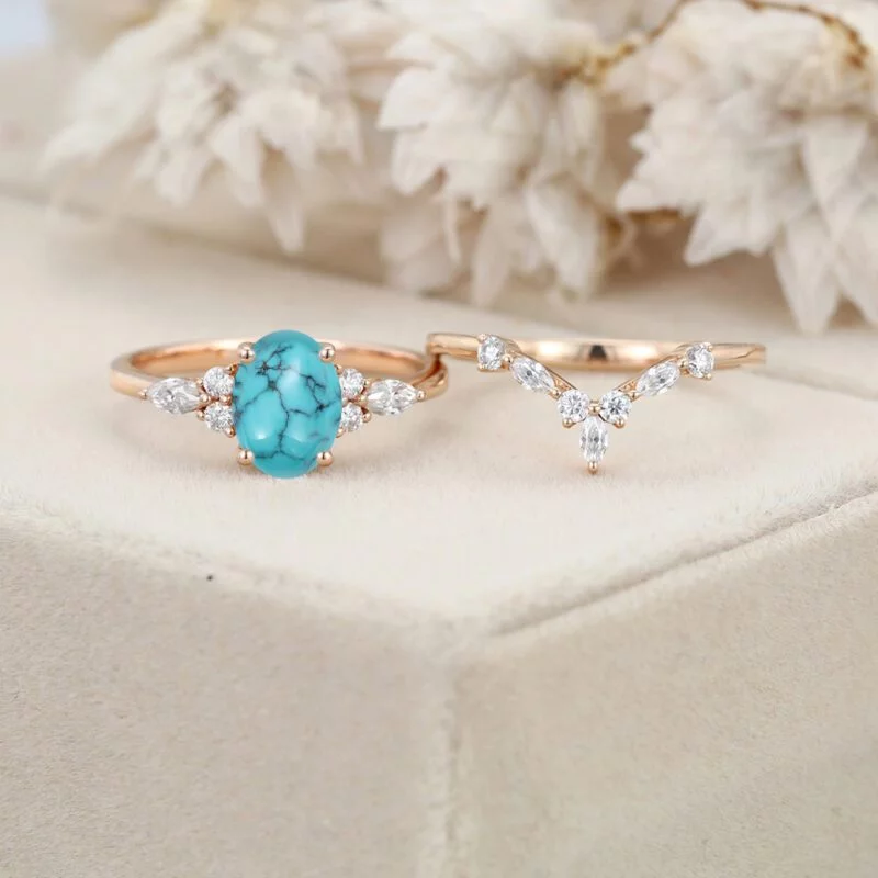 Oval shaped Turquoise engagement ring set 14K Rose gold Moissanite engagement ring Diamond wedding Bridal Promise Anniversary gift ring