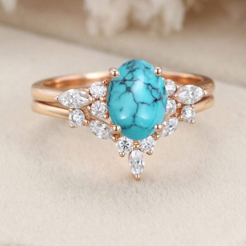 Oval shaped Turquoise engagement ring set 14K Rose gold Moissanite engagement ring Diamond wedding Bridal Promise Anniversary gift ring