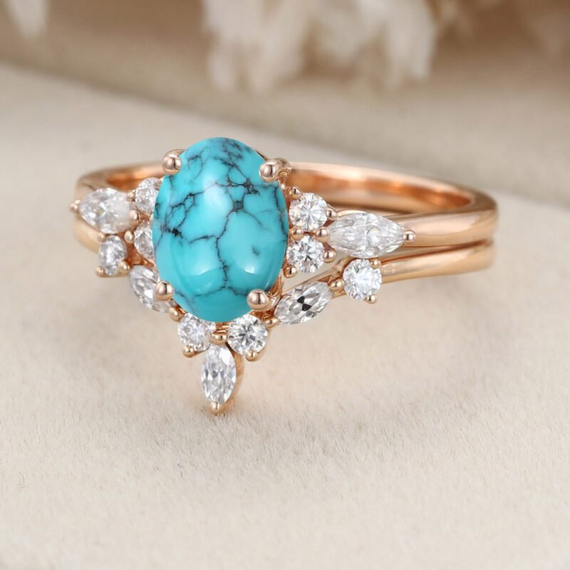 Oval shaped Turquoise engagement ring set 14K Rose gold Moissanite engagement ring Diamond wedding Bridal Promise Anniversary gift ring