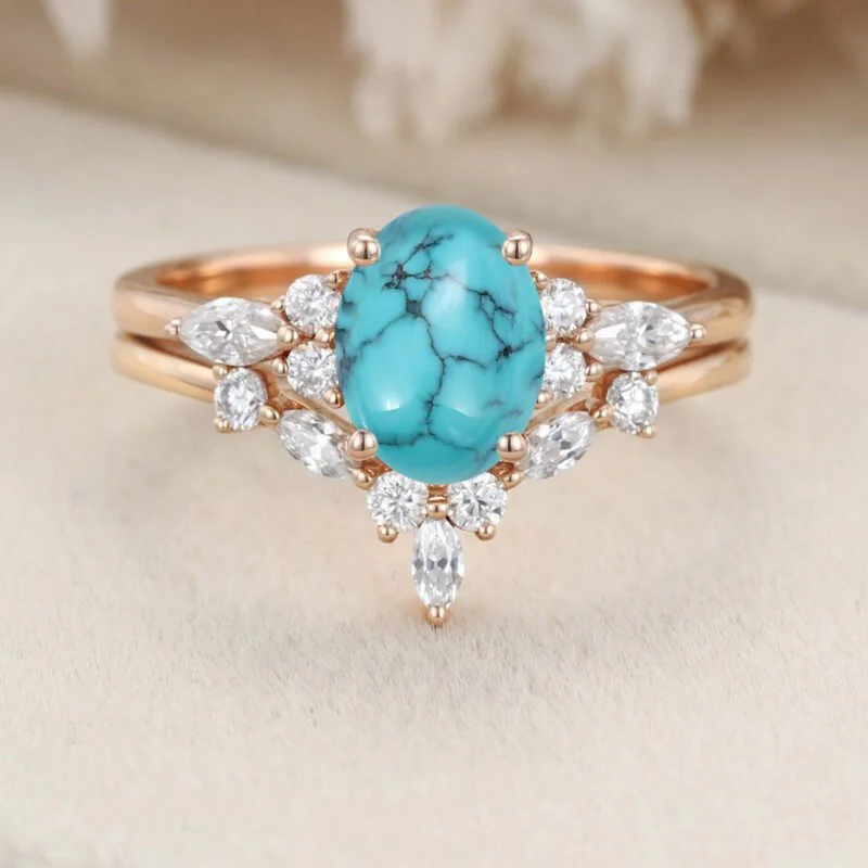 Oval shaped Turquoise engagement ring set 14K Rose gold Moissanite engagement ring Diamond wedding Bridal Promise Anniversary gift ring