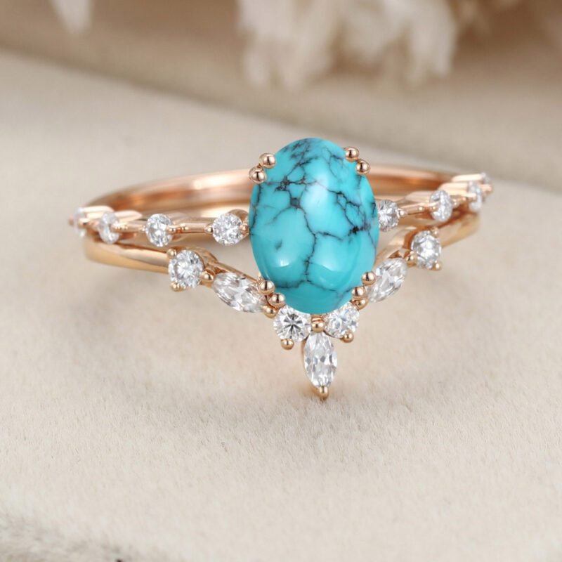 Oval shaped Turquoise engagement ring set Vintage Rose gold engagement ring Marquise Diamond Cluster ring Bridal Anniversary Promise ring