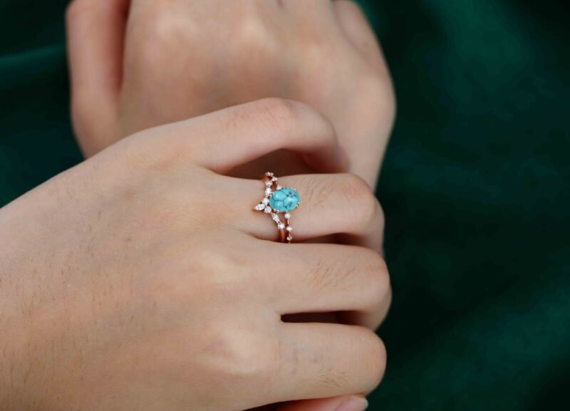 Oval shaped Turquoise engagement ring set Vintage Rose gold engagement ring Marquise Diamond Cluster ring Bridal Anniversary Promise ring