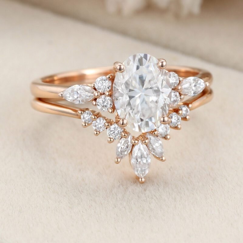 Oval shaped moissanite engagement ring set unique vintage rose gold marquise Cluster diamond curve matching Wedding Anniversary gift for her