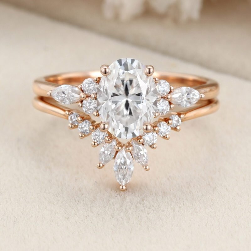 Oval shaped moissanite engagement ring set unique vintage rose gold marquise Cluster diamond curve matching Wedding Anniversary gift for her