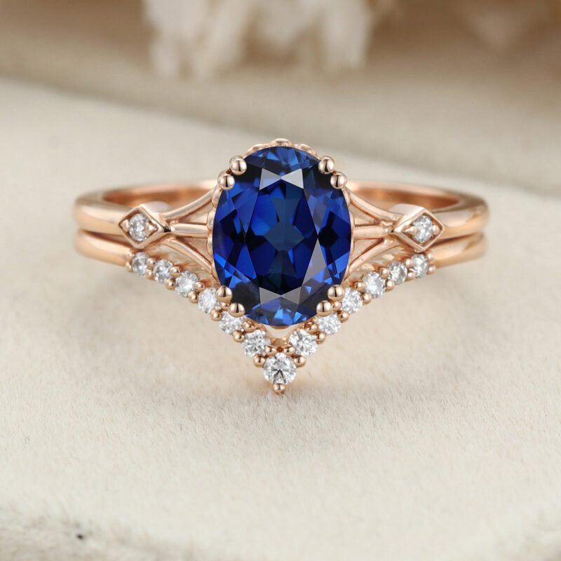 Oval shaped sapphire engagement ring set Unique vintage rose gold engagement ring woman Curved Diamond wedding Bridal set Anniversary gift