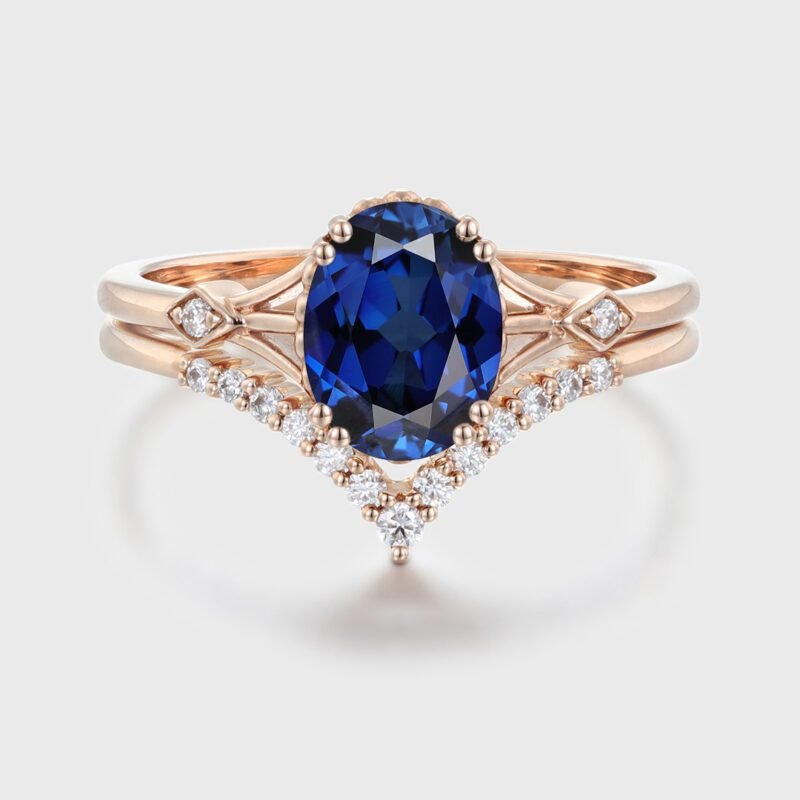 Oval shaped sapphire engagement ring set Unique vintage rose gold engagement ring woman Curved Diamond wedding Bridal set Anniversary gift