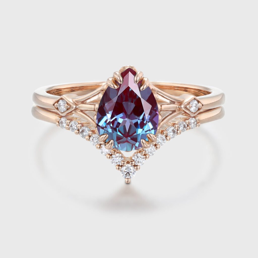8x6MM Pear Alexandrite Engagement Ring Set Vintage 14K Rose Gold ...
