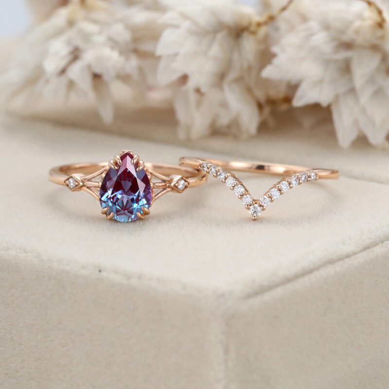 Pear Alexandrite engagement ring set Vintage rose gold moissanite engagement ring Unique diamond wedding ring Bridal set Anniversary gift 5