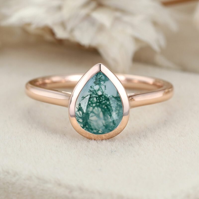 Pear Bezel Natural Moss Agate Engagement Ring 14K Rose Gold Ring Pear Moss Agate Engagement Ring Solitaire Ring Promise Anniversary gift