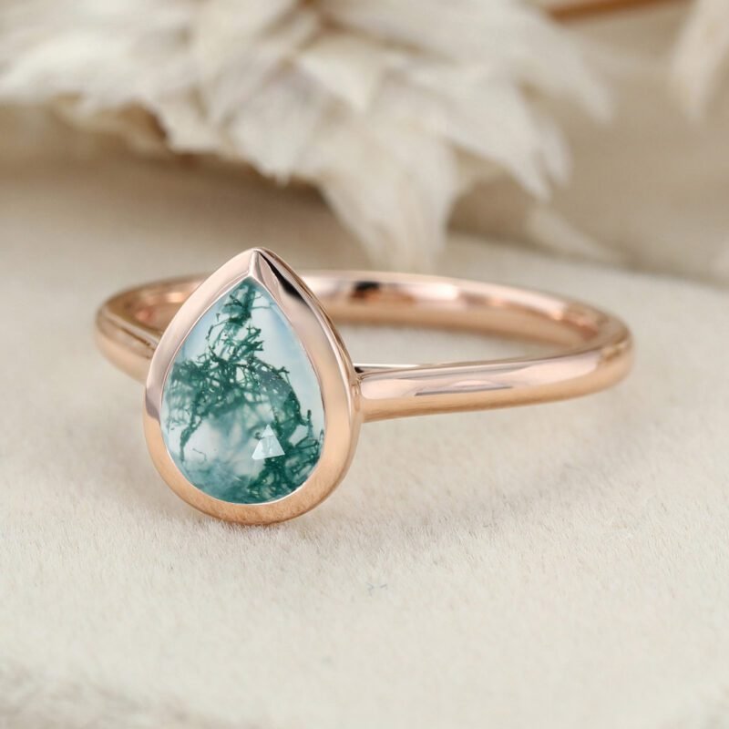 Pear Bezel Natural Moss Agate Engagement Ring 14K Rose Gold Ring Pear Moss Agate Engagement Ring Solitaire Ring Promise Anniversary gift