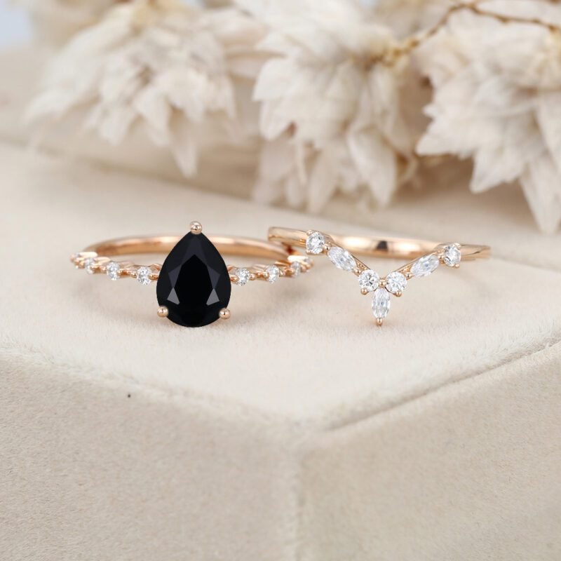 Pear Black Onyx engagement ring set Vintage Rose gold moissanite engagement ring unique marquise cluster ring bridal promise Anniversary gift