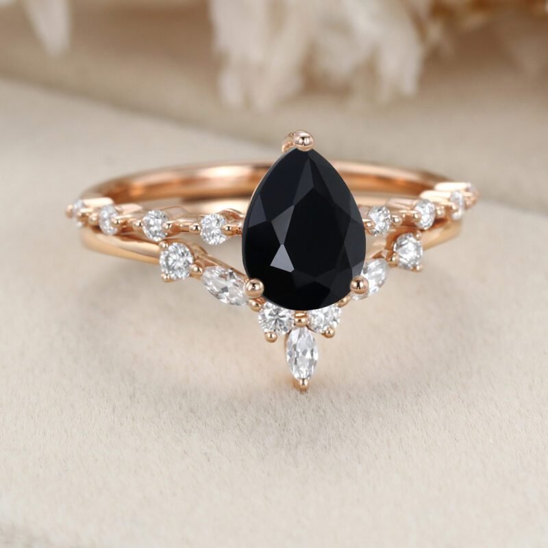 Pear Black Onyx engagement ring set Vintage Rose gold moissanite engagement ring unique marquise cluster ring bridal promise Anniversary gift
