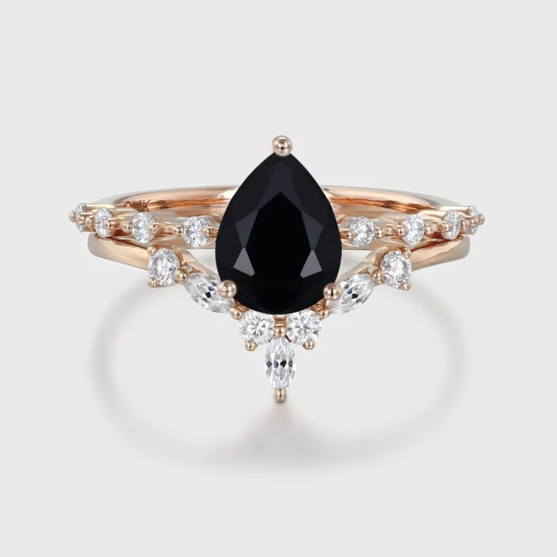 Pear Black Onyx engagement ring set Vintage Rose gold moissanite engagement ring unique marquise cluster ring bridal promise Anniversary gift