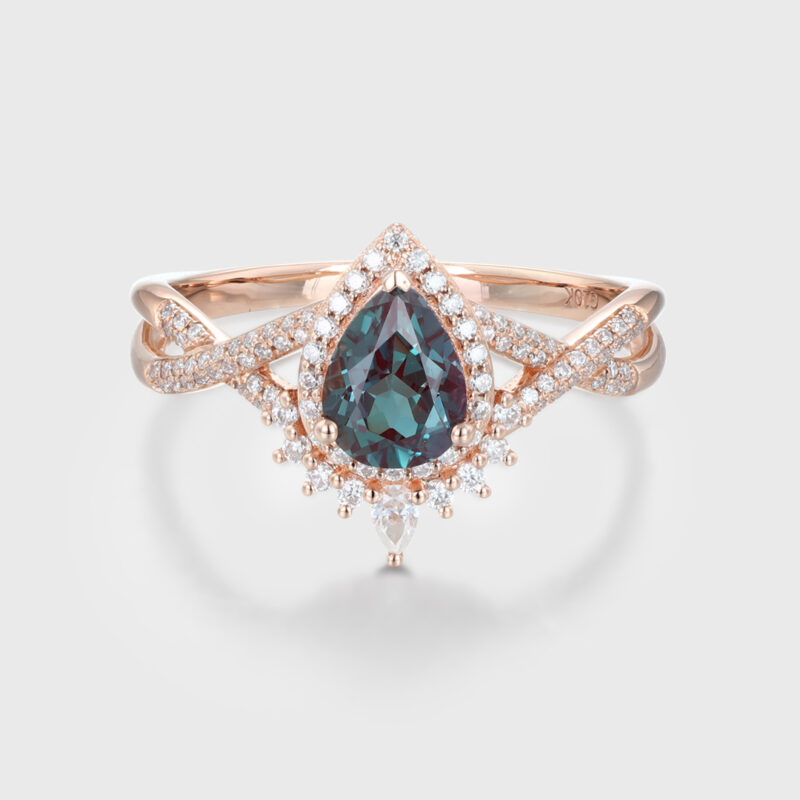 Pear Cut Alexandrite Ring Unique Rose gold Cluster Engagement Ring Gifts