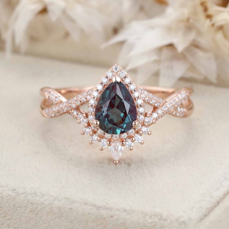 Pear Cut Alexandrite Ring Unique Rose gold Cluster Engagement Ring Gifts