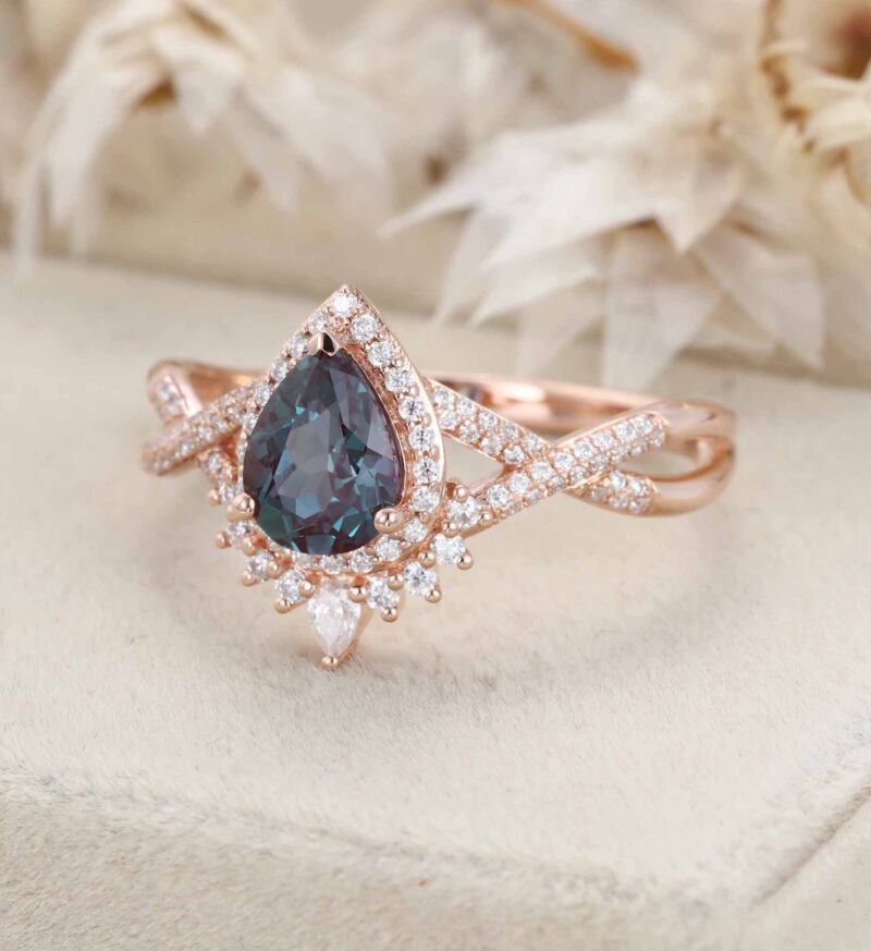 Pear Cut Alexandrite Ring Unique Rose gold Cluster Engagement Ring Gifts