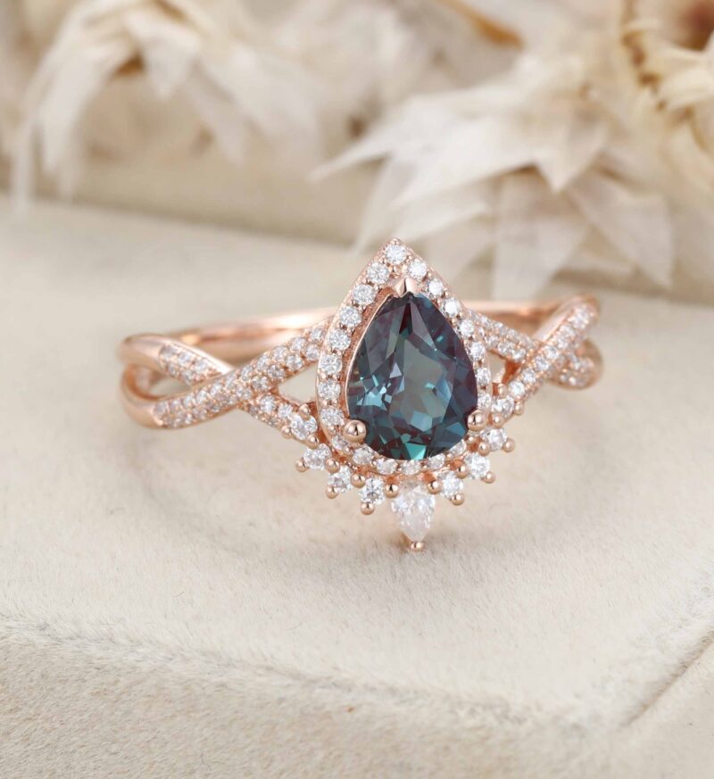 Pear Cut Alexandrite Ring Unique Rose gold Cluster Engagement Ring Gifts