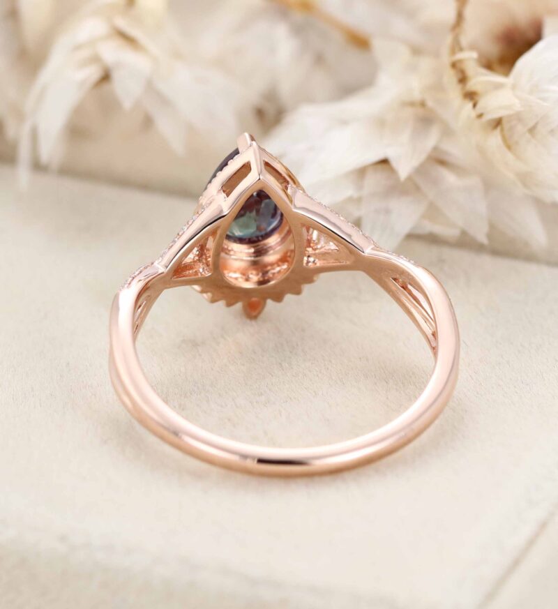 Pear Cut Alexandrite Ring Unique Rose gold Cluster Engagement Ring Gifts