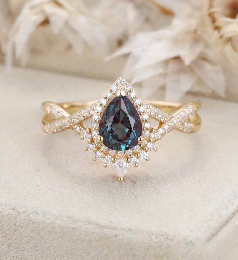 Pear Cut Alexandrite Ring Unique Rose gold Cluster Engagement Ring Gifts