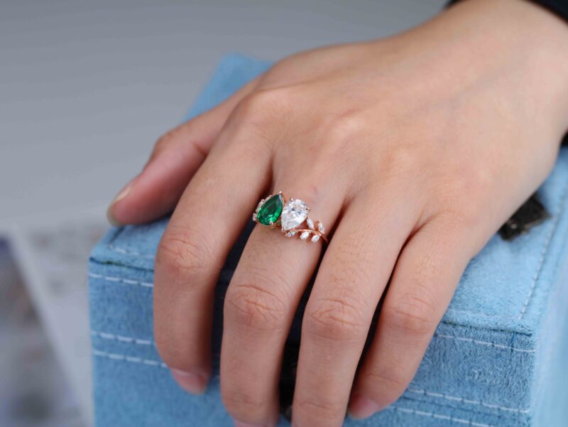 Pear Cut Lab Emerald & Moissanite Toi Et Moi Engagement Ring Two Stone 1.5Ct Wedding Ring Gift For Her