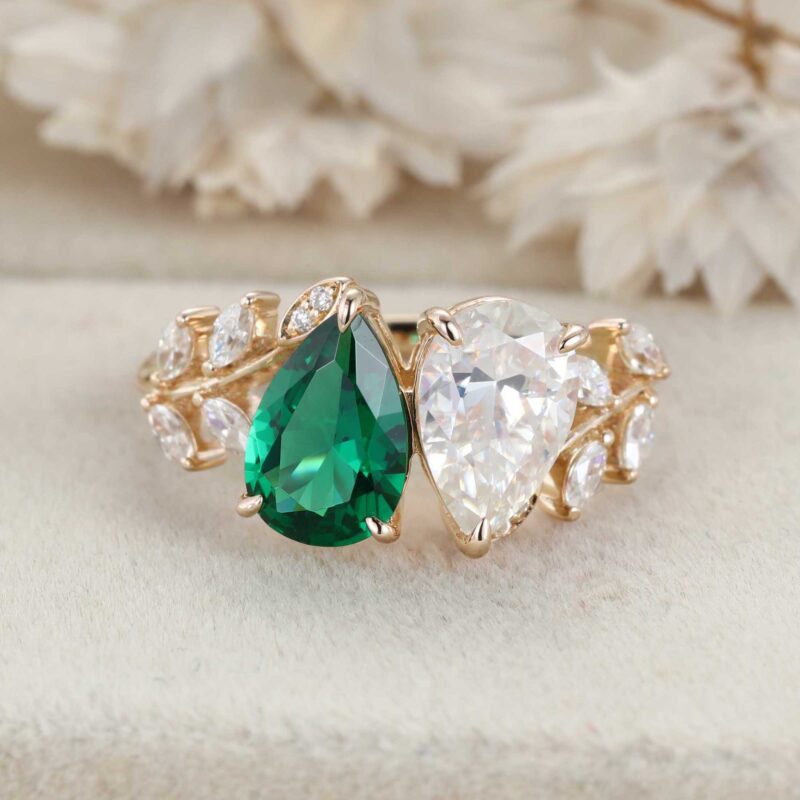 Pear Cut Lab Emerald & Moissanite Toi Et Moi Engagement Ring Two Stone 1.5Ct Wedding Ring Gift For Her