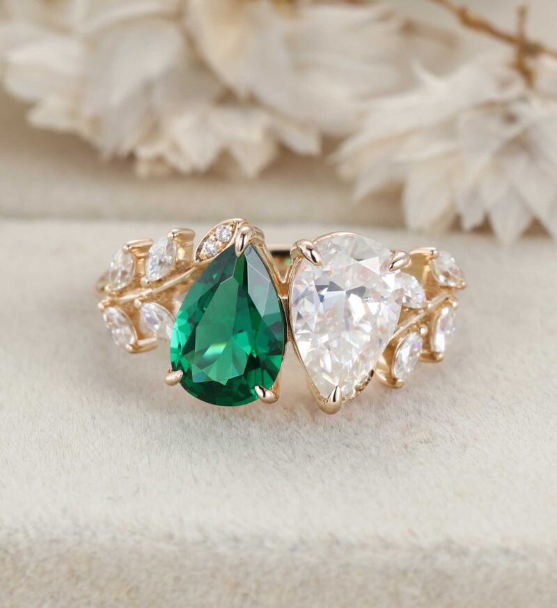 Pear Cut Lab Emerald & Moissanite Toi Et Moi Engagement Ring Two Stone 1.5Ct Wedding Ring Gift For Her