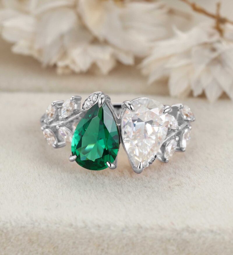 Pear Cut Lab Emerald & Moissanite Toi Et Moi Engagement Ring Two Stone 1.5Ct Wedding Ring Gift For Her