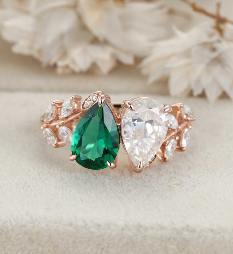 Pear Cut Lab Emerald & Moissanite Toi Et Moi Engagement Ring Two Stone 1.5Ct Wedding Ring Gift For Her