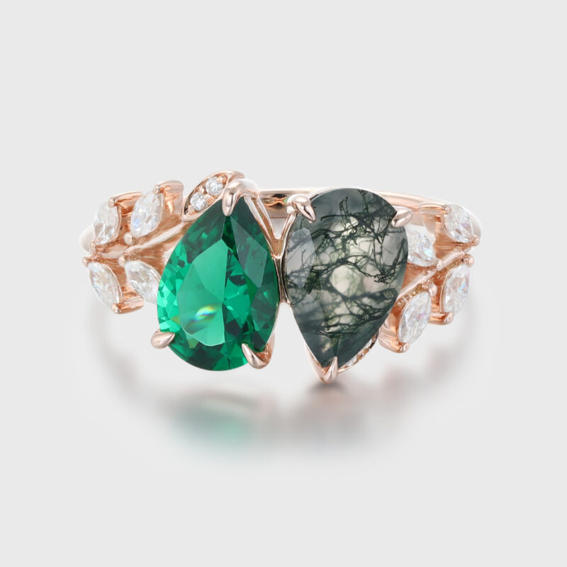 Pear Cut Lab Emerald & Moss Agate Toi Et Moi Engagement Ring Two Stone 14K Rose Gold Art Deco Leaf Moissanite Branch Nature Inspired Cluster Ring