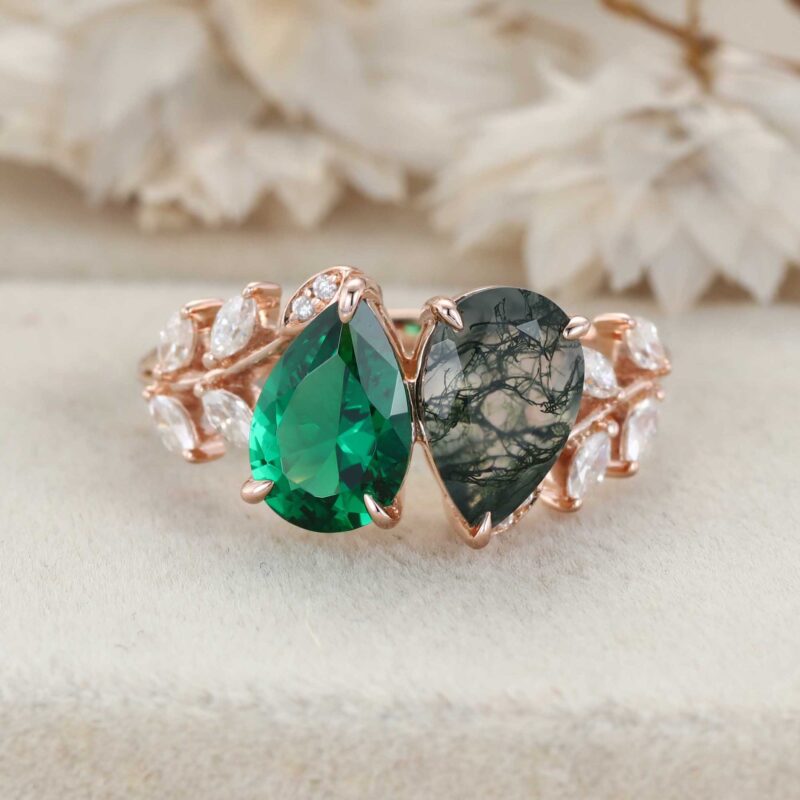 Pear Cut Lab Emerald & Moss Agate Toi Et Moi Engagement Ring Two Stone 14K Rose Gold Art Deco Leaf Moissanite Branch Nature Inspired Cluster Ring