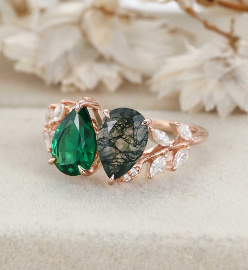 Pear Cut Lab Emerald & Moss Agate Toi Et Moi Engagement Ring Two Stone 14K Rose Gold Art Deco Leaf Moissanite Branch Nature Inspired Cluster Ring