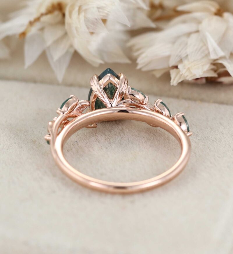 Pear Cut Moss Agate Engagement Ring Solid 14K Rose Gold Ring Marquise Moss Agate Bridal Ring Nature Inspired Leaf Ring