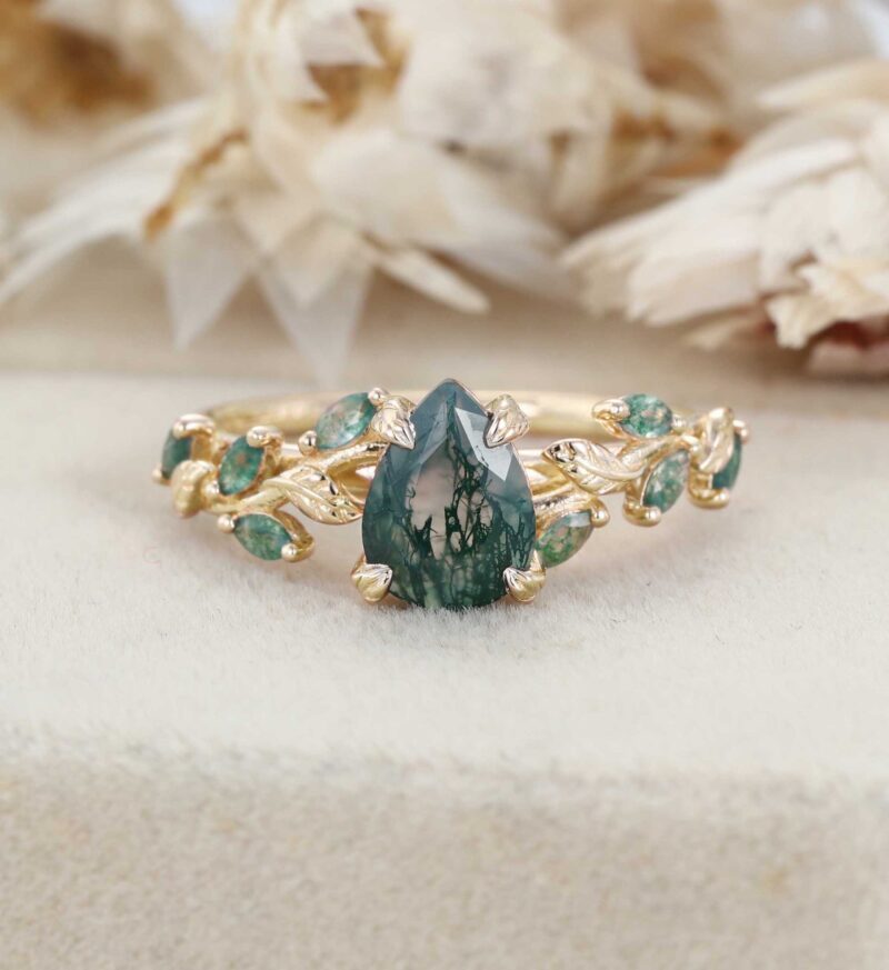 Pear Cut Moss Agate Engagement Ring Solid 14K Rose Gold Ring Marquise Moss Agate Bridal Ring Nature Inspired Leaf Ring