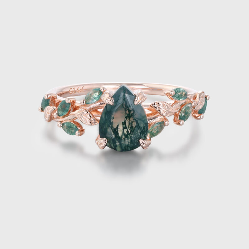 oveela Pear Cut Moss Agate Engagement Ring, 14K Rose Gold Nature-Inspired Bridal Jewelry, Elegant Leaf Design Wedding Ring, Organic Gemstone Bridal Ring, Unique Vintage Engagement Ring