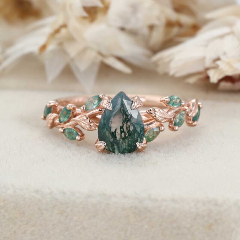 Pear Cut Moss Agate Engagement Ring Solid 14K Rose Gold Ring Marquise Moss Agate Bridal Ring Nature Inspired Leaf Ring