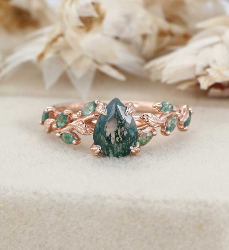 Pear Cut Moss Agate Engagement Ring Solid 14K Rose Gold Ring Marquise Moss Agate Bridal Ring Nature Inspired Leaf Ring