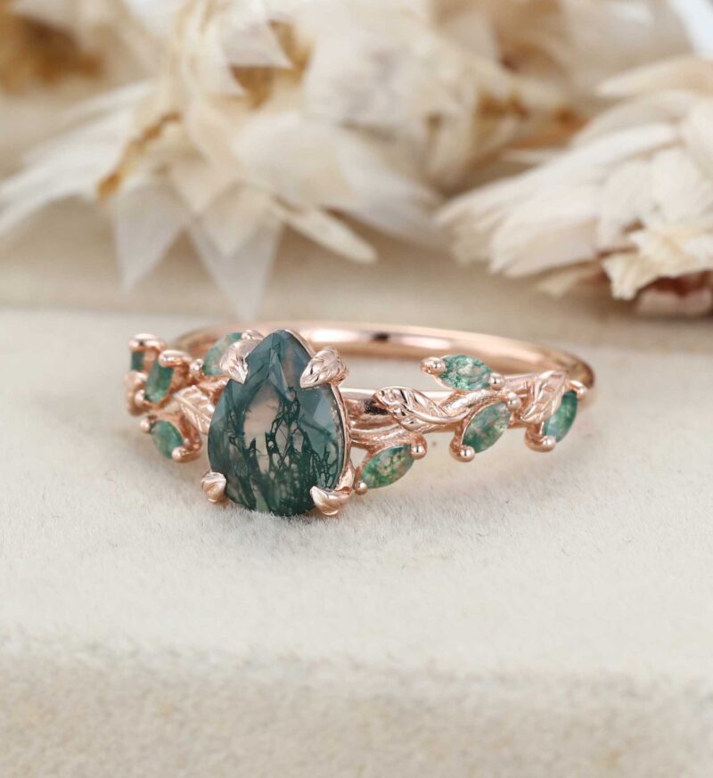 Pear Cut Moss Agate Engagement Ring Solid 14K Rose Gold Ring Marquise Moss Agate Bridal Ring Nature Inspired Leaf Ring