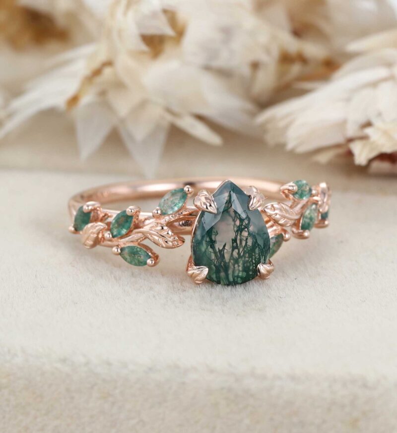 Pear Cut Moss Agate Engagement Ring Solid 14K Rose Gold Ring Marquise Moss Agate Bridal Ring Nature Inspired Leaf Ring