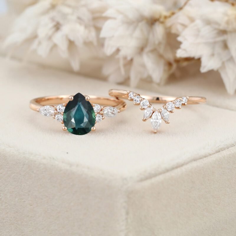 Pear Lab Blue green sapphire engagement ring set Unique Cluster engagement ring Rose gold Vintage marquise engagement ring Anniversary gift